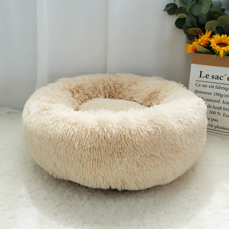 Lit donut rond en peluche longue pour chien et chat