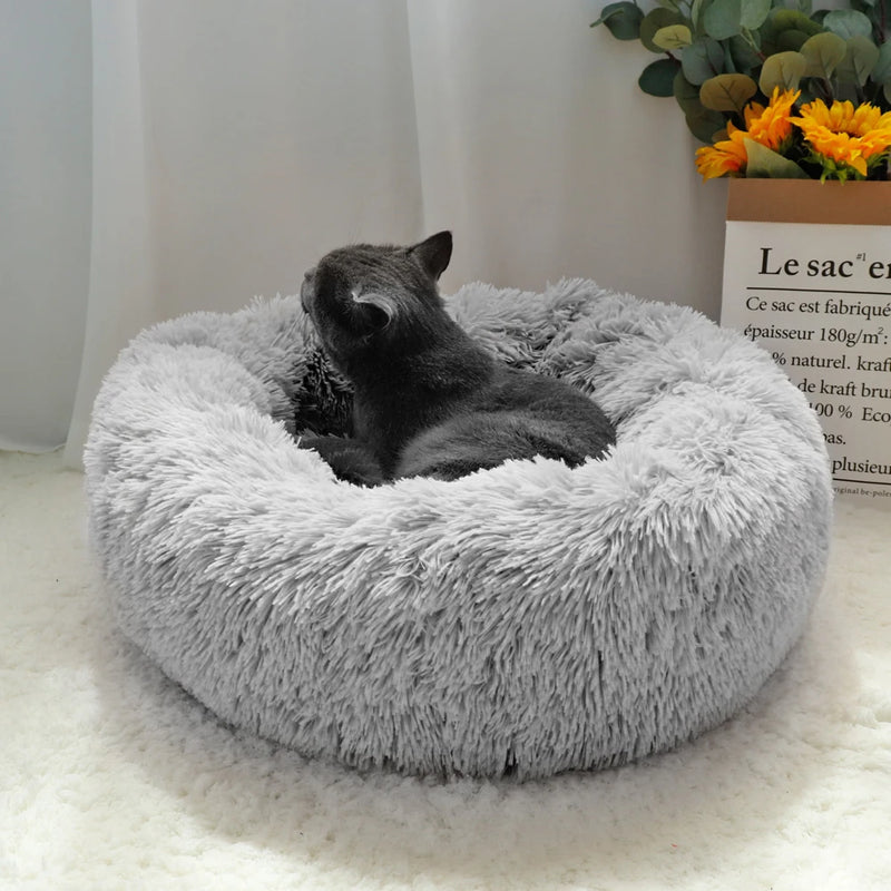 Lit donut rond en peluche longue pour chien et chat