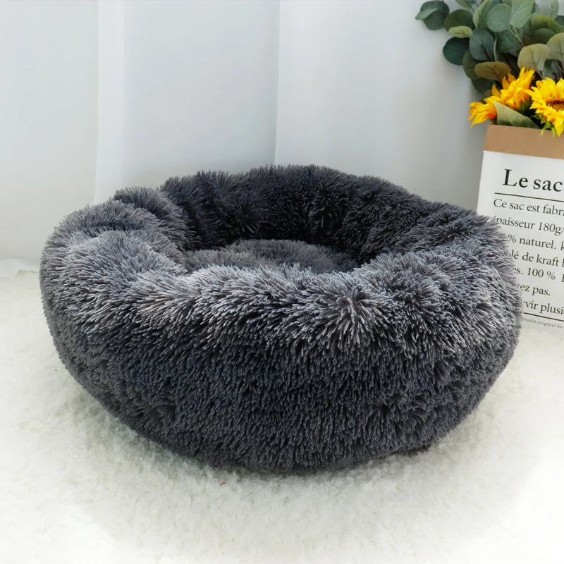 Lit donut rond en peluche longue pour chien et chat