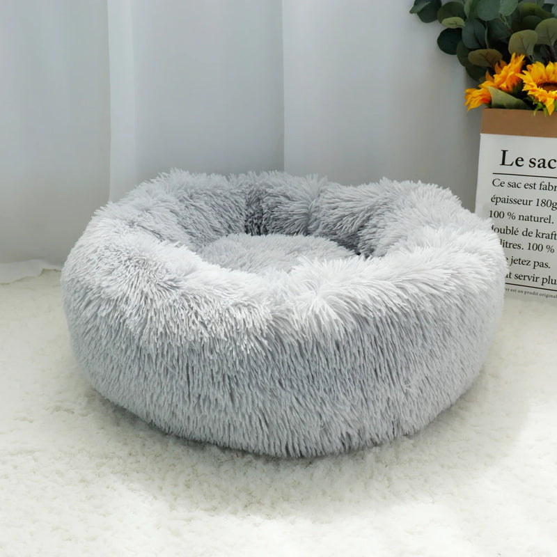 Lit donut rond en peluche longue pour chien et chat