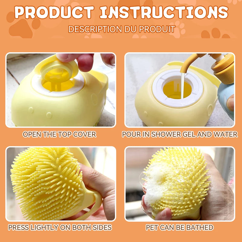 Brosse de Bain et Massage pour Chien et Chat – Silicone Doux avec Distributeur de Shampooing